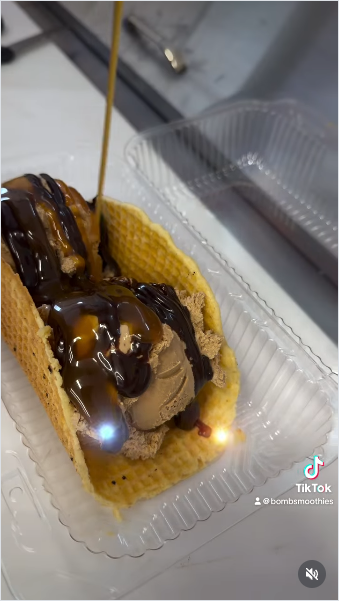 Ice cream tacos with chocolate drizzle and caramel